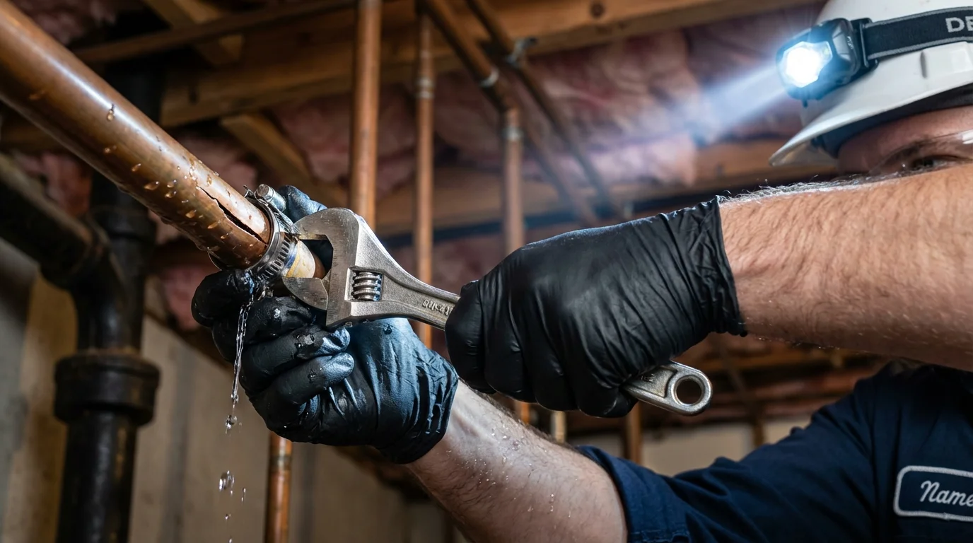 Emergency pipe clamp repair being performed by a Johns Plumbing LLC plumber in Starke