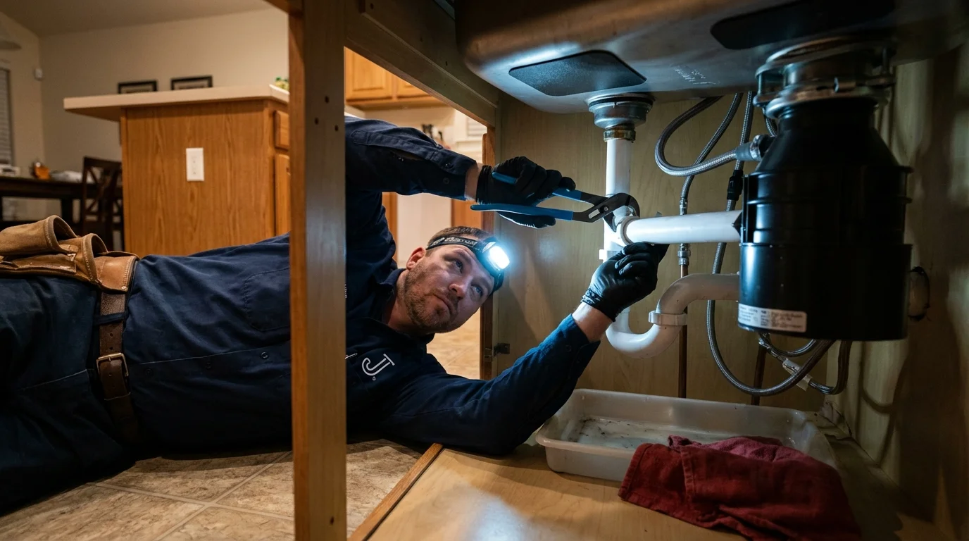 P-trap and supply line connections under a kitchen sink showing a common leak point in Starke, FL
